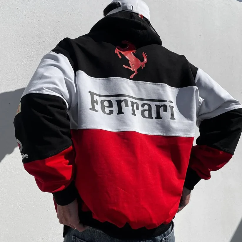 Loid Ferrari-style men's jacket in red, black and white color block
