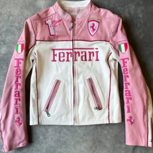 pink Ferrari leather jacket for women by Loid – front view